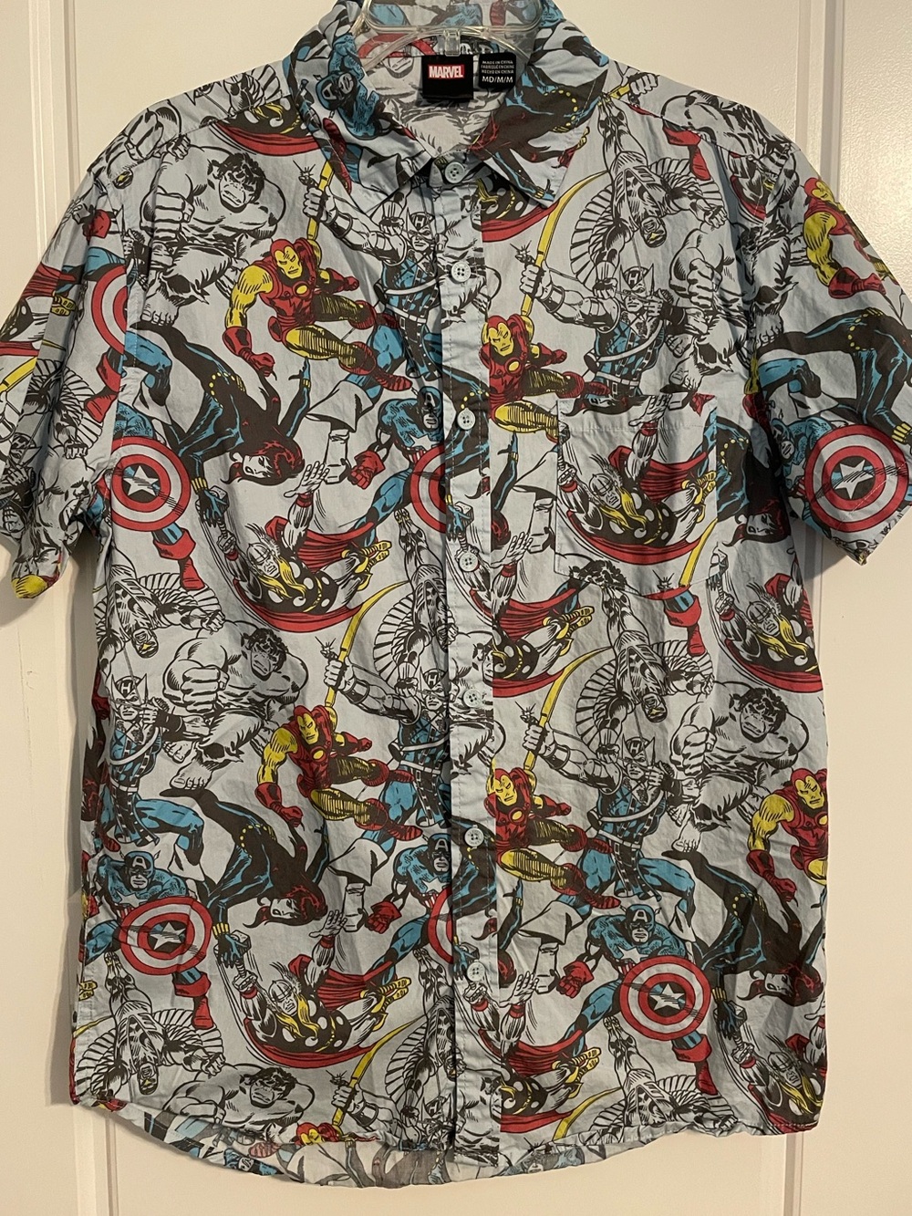 Marvel Light Blue Short-Sleeve Button-Down Shirt with Superhero Comic Print
